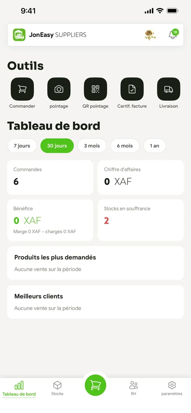 Tableau de bord du dépôt et outils