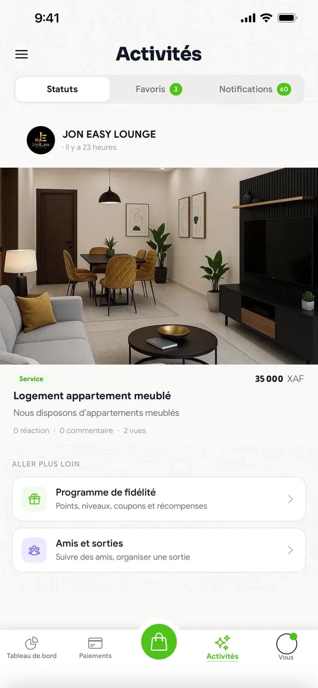 Activités : statuts des lieux, favoris, notifications