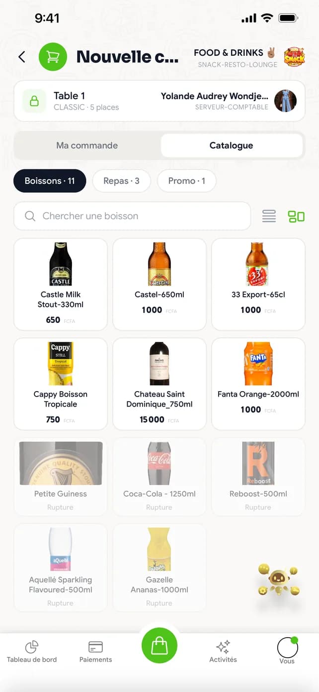 Catalogue de l’établissement : boissons, repas, promos