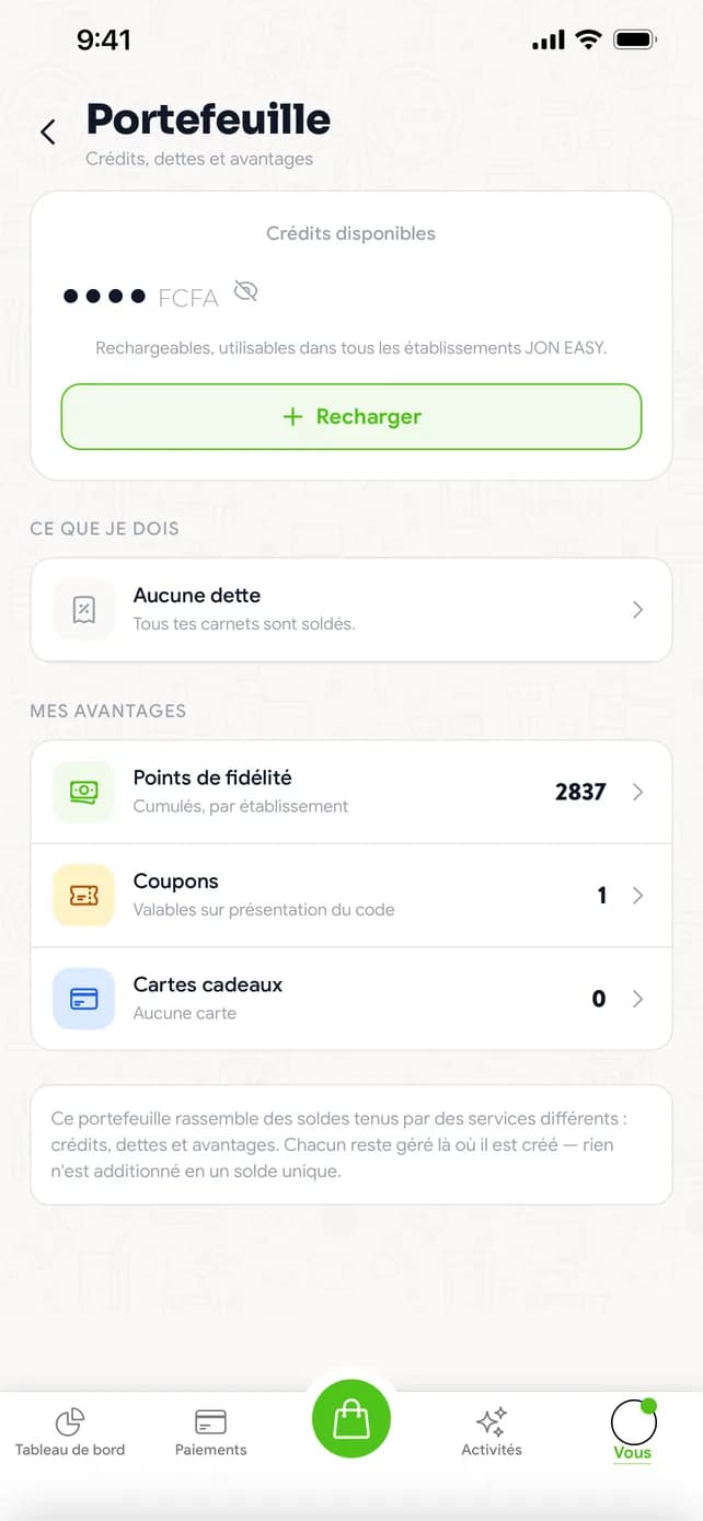 Portefeuille : crédits, points, coupons, cartes cadeaux