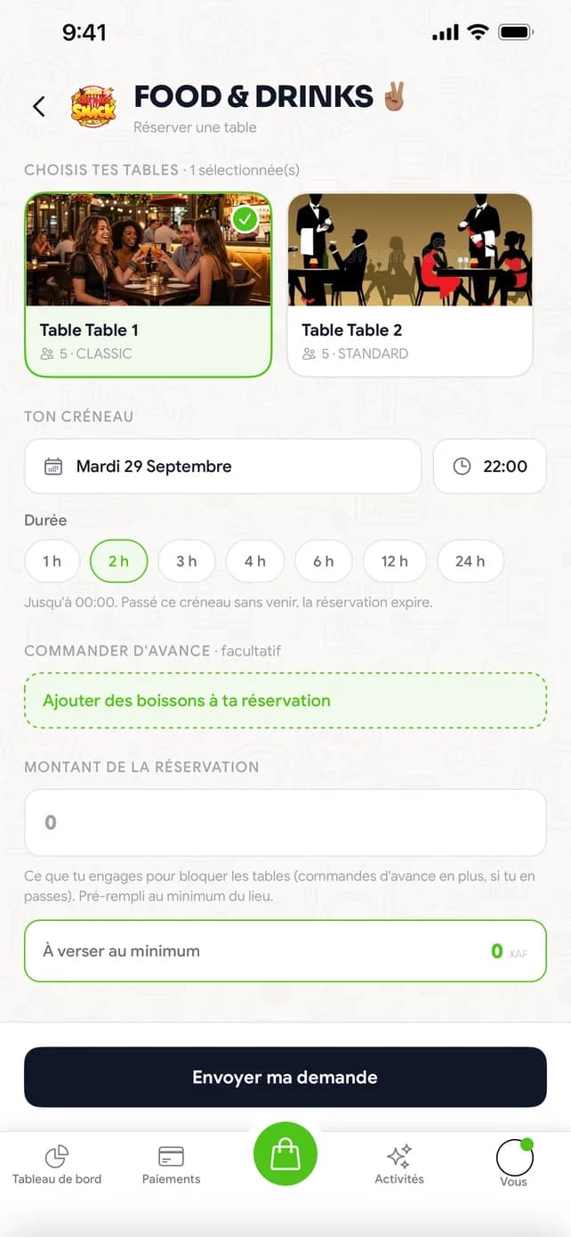 Réservation : choix de la table, du jour et de la durée