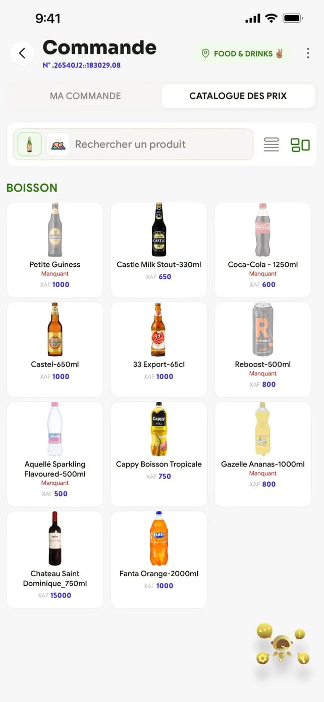 Prise de commande depuis le catalogue des boissons