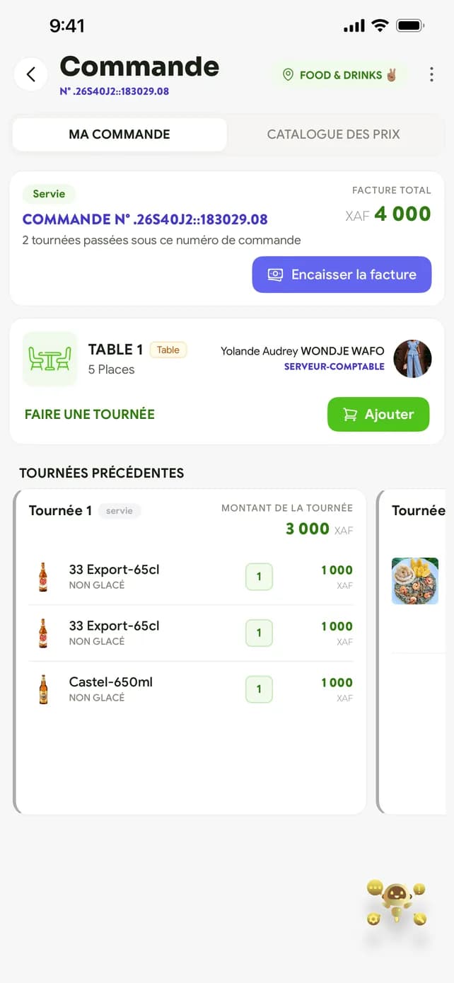 Commande de la table : tournées, facture, encaissement