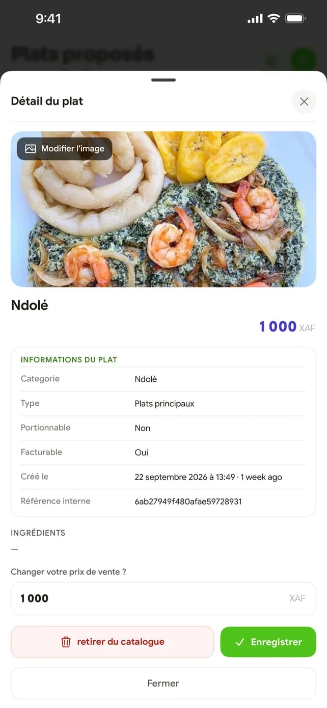 Détail d’un plat : photo, catégorie et prix de vente