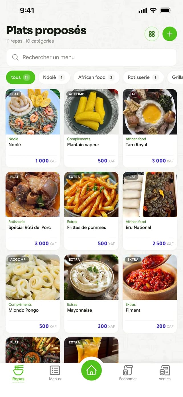 Carte des plats avec photos, catégories et prix