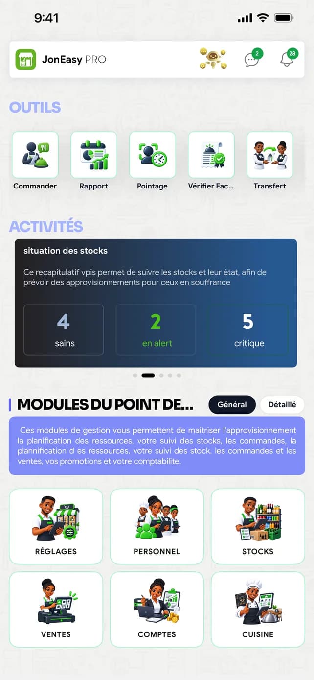 Accueil : outils, situation des stocks et six modules