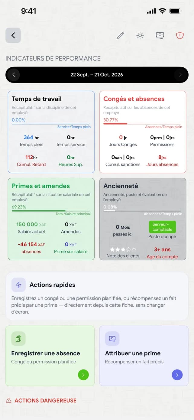 Indicateurs : temps de travail, absences, primes