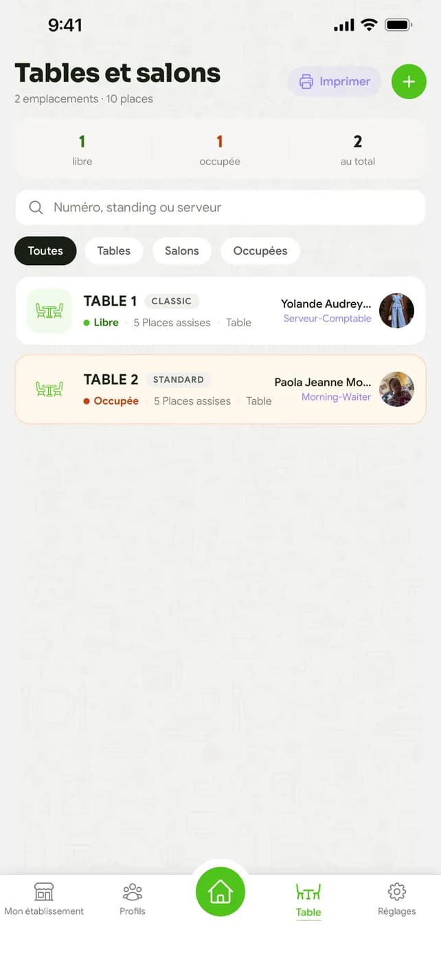 Tables et salons avec serveur attitré et statut