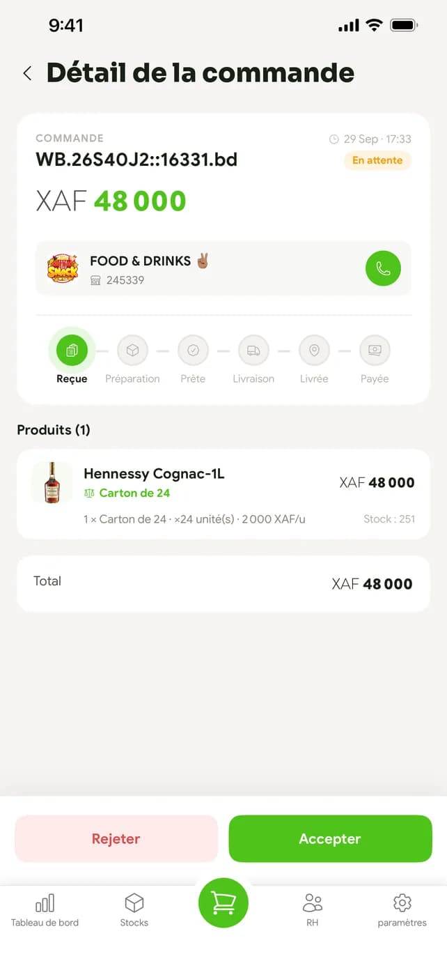 Détail d’une commande et suivi en six étapes