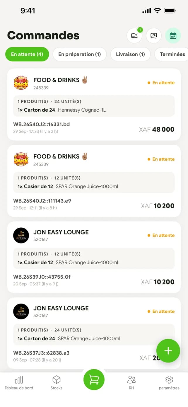 Commandes reçues des points de vente