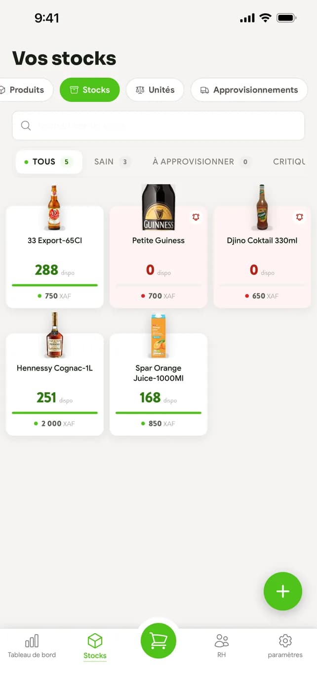 Stocks du dépôt : sain, à approvisionner, critique